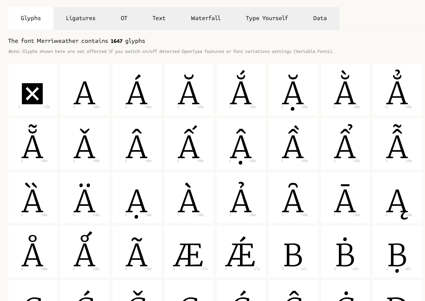 A screenshot of the Font Drop website showing some of the glyphs that font has available.