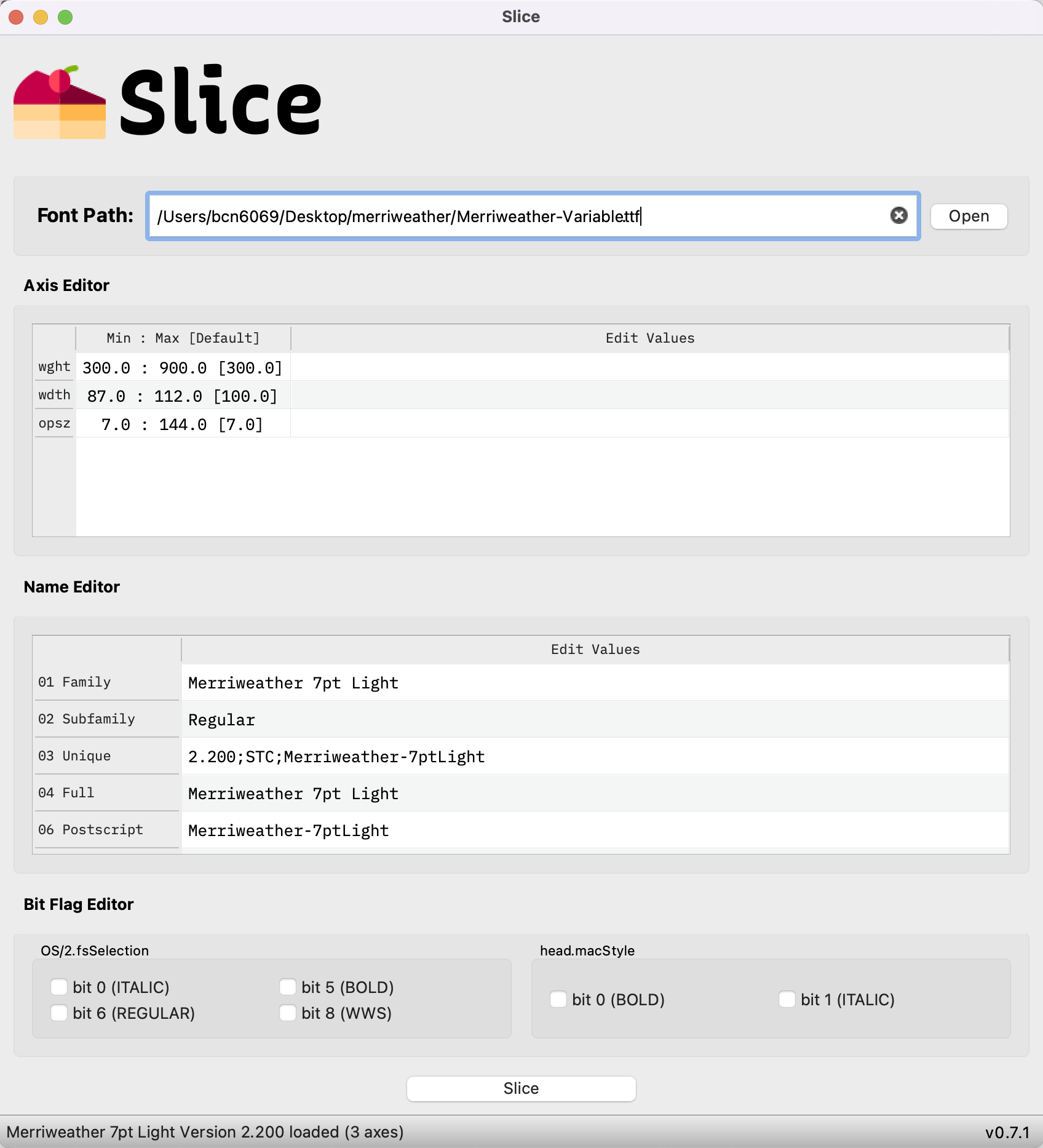 A screenshot of the Slice desktop application with the source font file loaded and it's meta data displayed. wght, wdth and opsz axes are defined for the font.